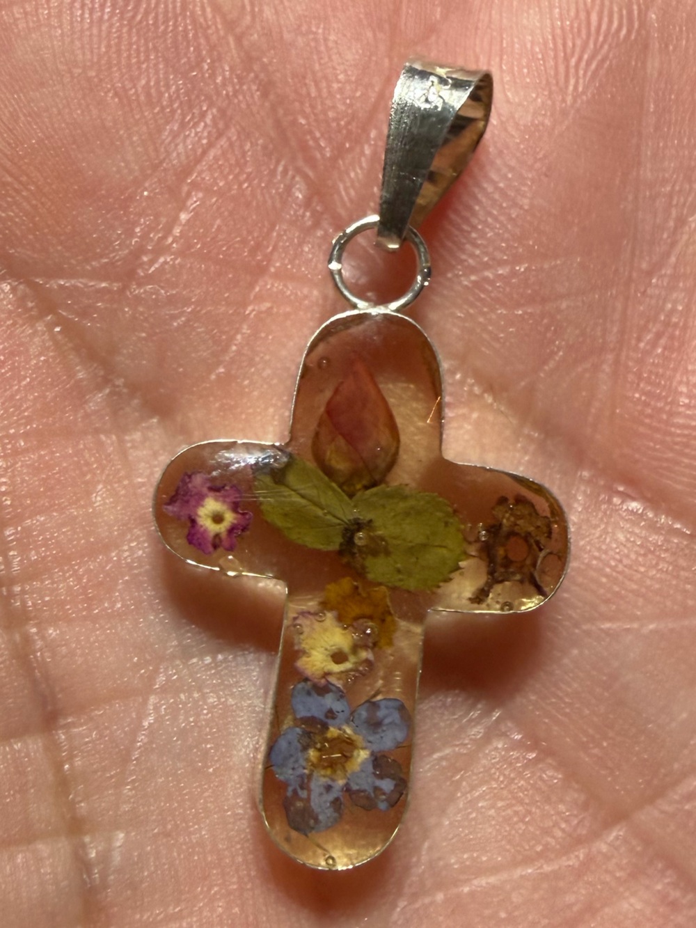 Vintage 925 Sterling Silver Cross Dried Flowers Resin Pendant